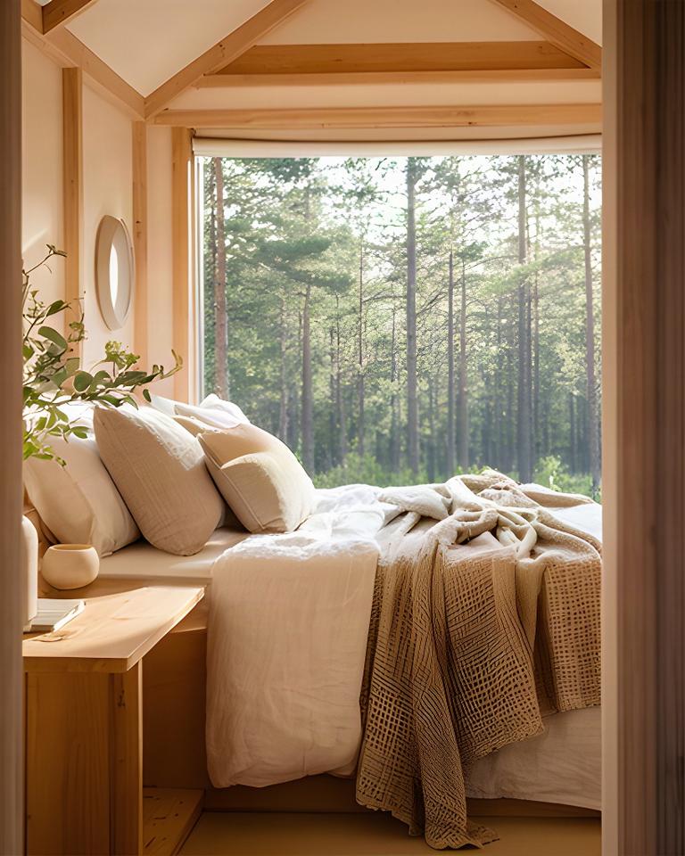 Interior luminoso de un alojamiento glamping con cama, textiles naturales y vistas al bosque