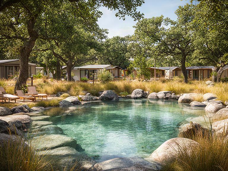 Piscina natural rodeada de rocas, hierba y árboles junto a las instalaciones del camping
