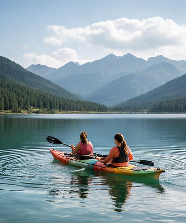 Dos personas en kayak sobre un lago tranquilo del Pirineo aragonés durante una tarde despejada