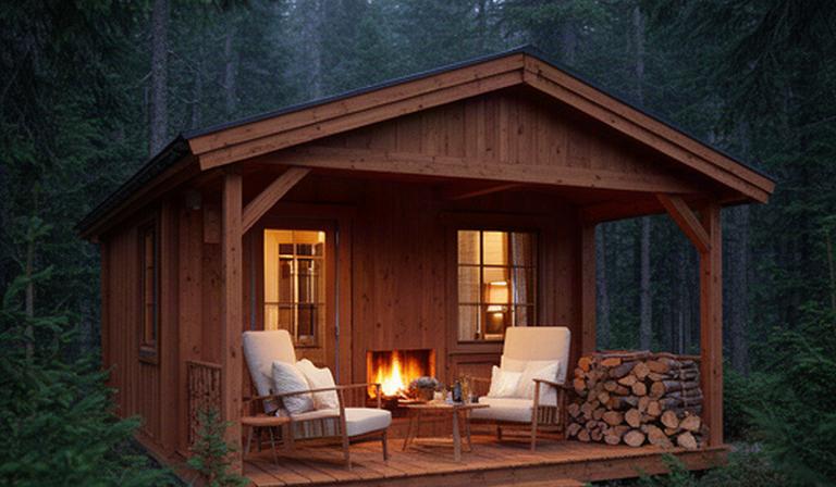 Cabaña de madera entre abetos con porche amueblado y una chimenea visible en el interior