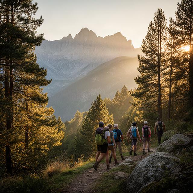 Grupo de senderistas caminando por un bosque de Jaca al amanecer, con montañas y luz dorada al fondo