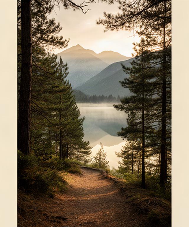 Sendero entre pinos junto a un lago del Pirineo aragonés al amanecer