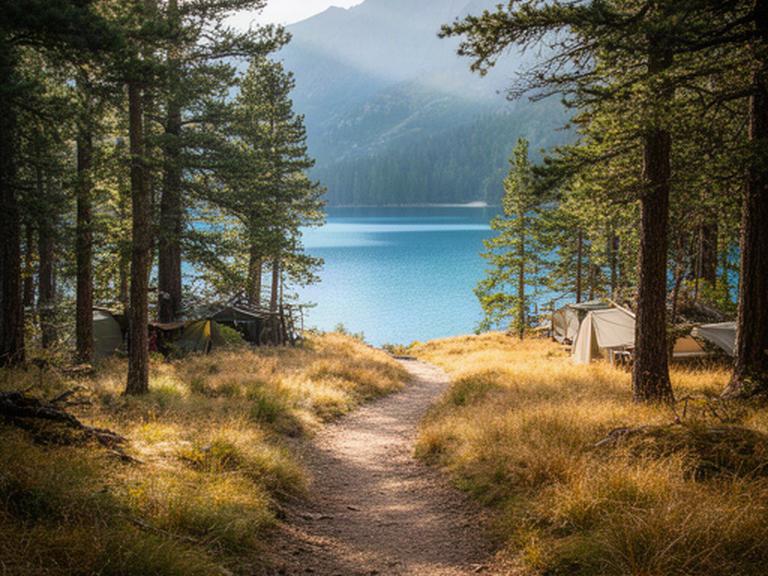 Sendero de tierra entre árboles y parcelas de camping con un lago azul al fondo