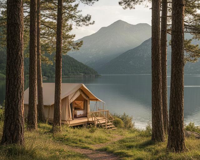 Alojamiento de glamping entre pinos junto a un lago de montaña en Jaca
