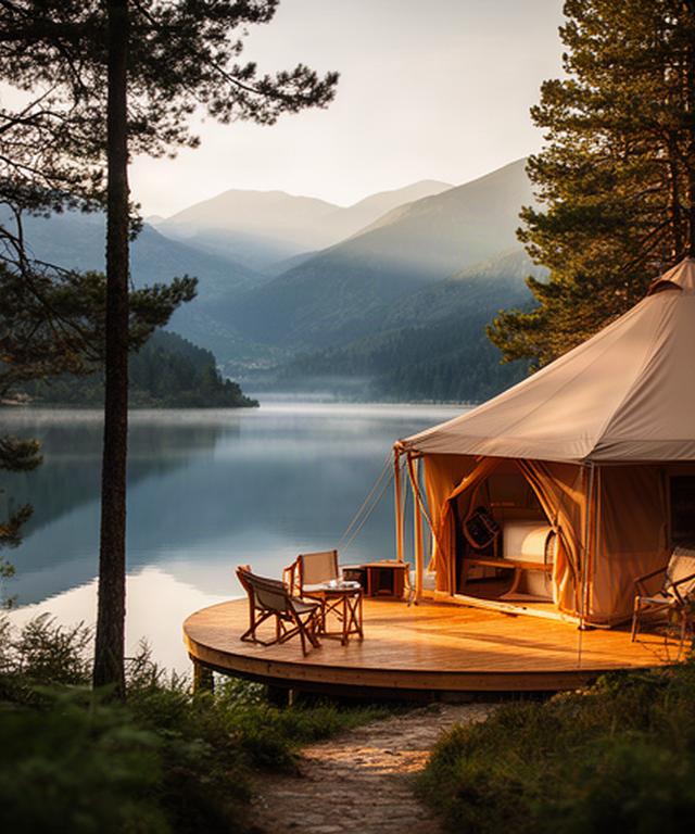 Tienda de glamping con terraza de madera entre pinos y junto a un lago de montaña en Jaca