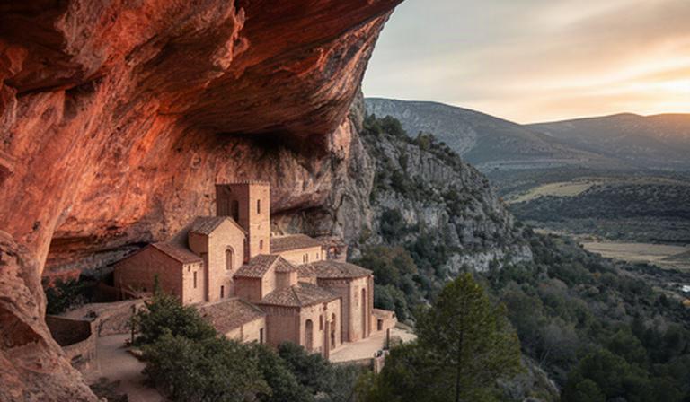 Monasterio románico de San Juan de la Peña bajo una gran pared de roca