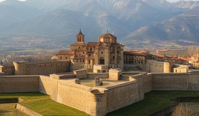 Ciudadela de Jaca con murallas de piedra y montañas al fondo