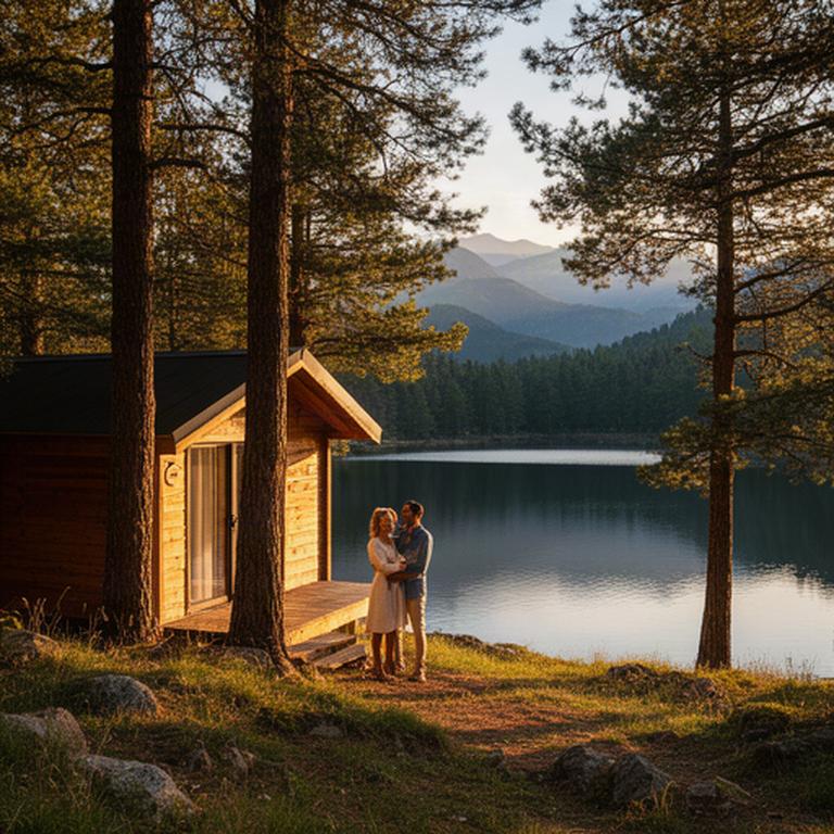 Pareja junto a una cabaña de madera entre pinos y el lago de Jaca al atardecer